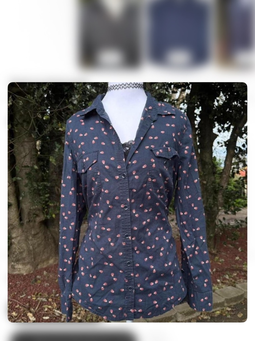 Women's Navy Button-Down Shirt with Pink Floral Print